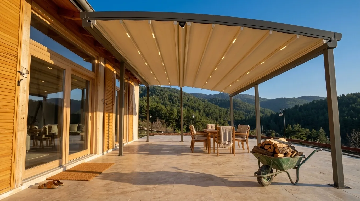 Ahşap villa terasında kavisli tente pergola