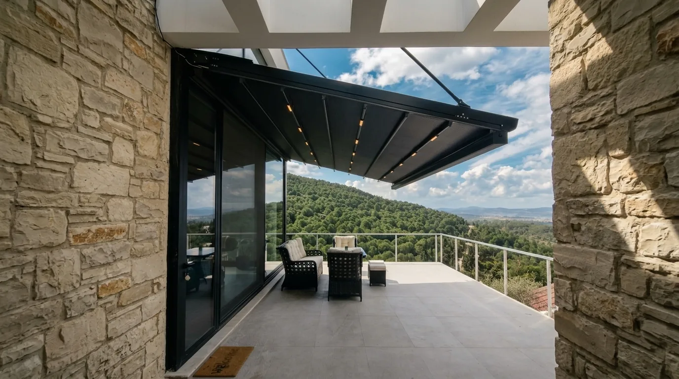 Doğa manzaralı balkonda kolonsuz askılı pergola