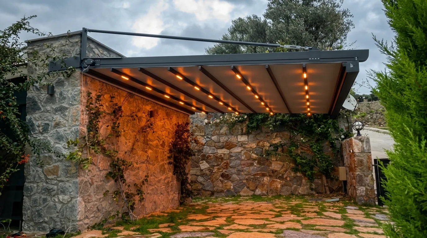 Duvara askılı konsol pergola — kolon olmadan gölgelenen alan