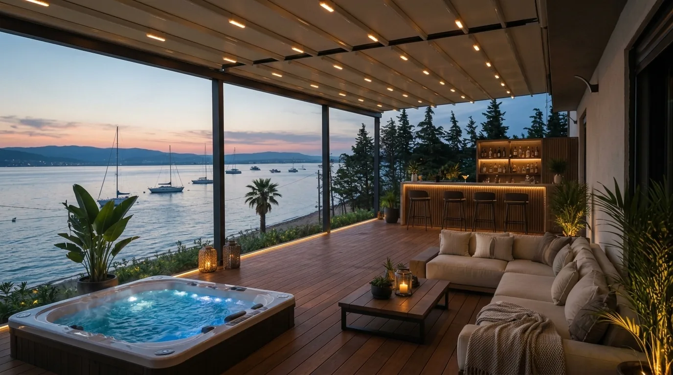 Deniz kenarında jakuzili ahşap deck ve tente kumaşlı otomatik pergola