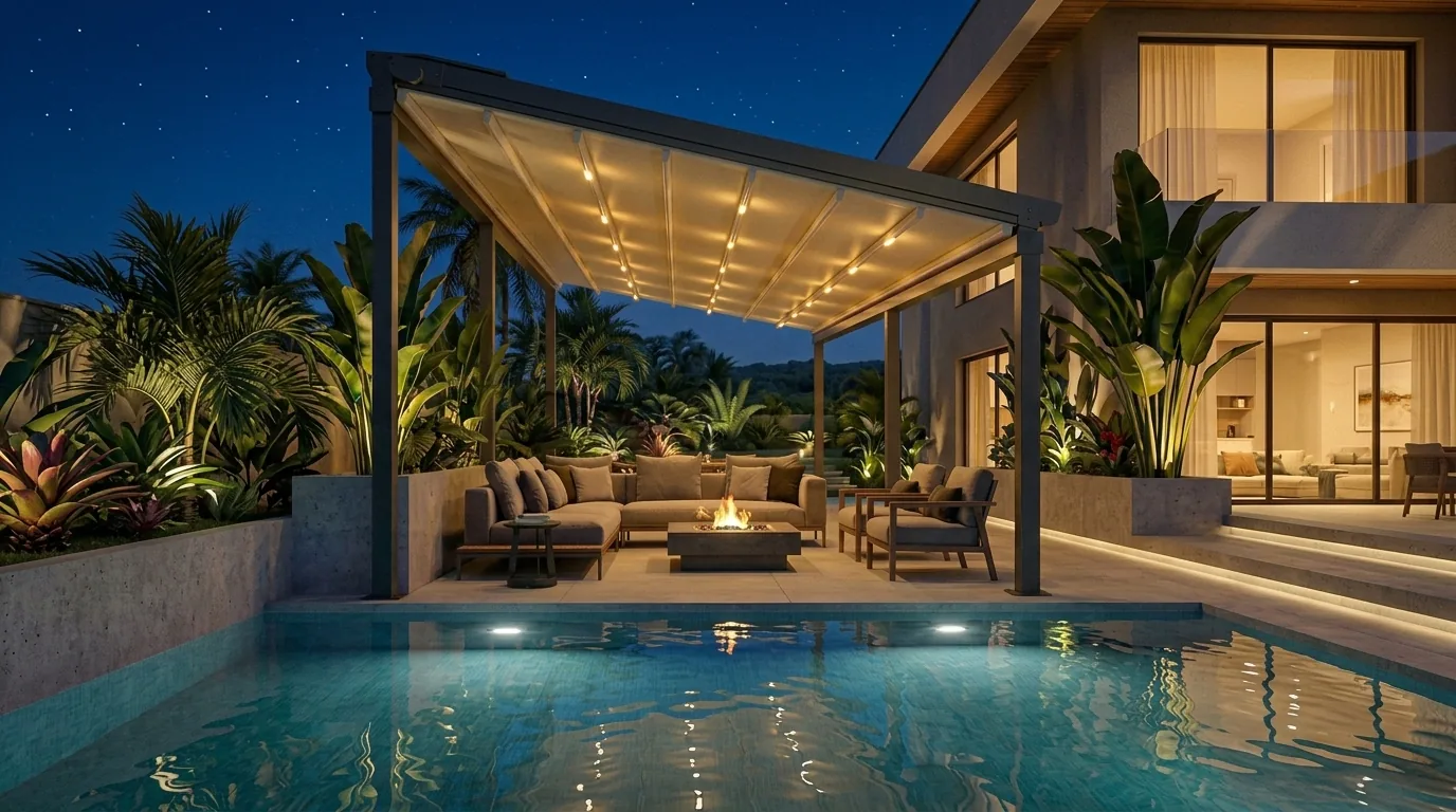 Gece aydınlatmalı havuz başında ateş çukuru ve otomatik pergola