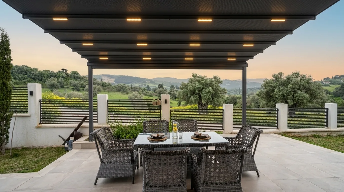 Gün batımı manzaralı terasta LED hatlı tente kumaşlı otomatik pergola