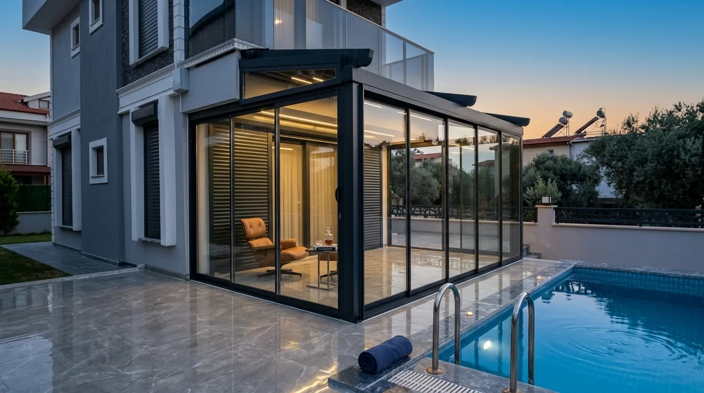 Havuz kenarında cam kış bahçesi ve lounge alanı