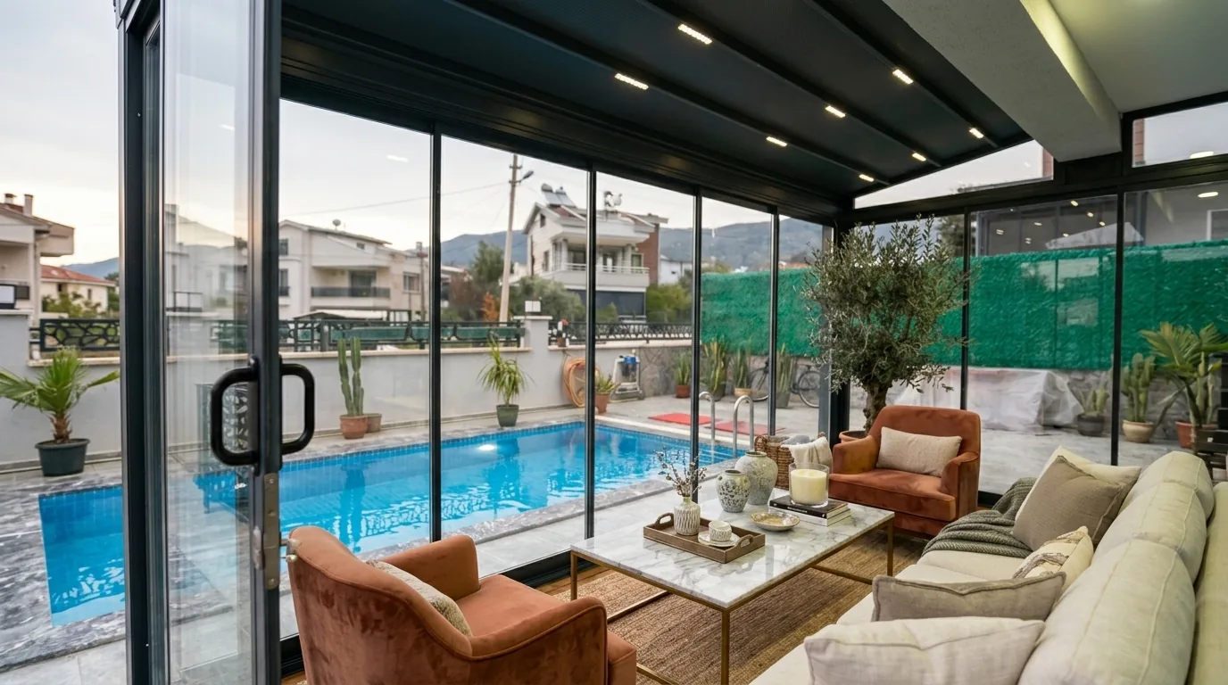 Havuz kenarında giyotin ve sürme camla kapatılmış kış bahçesi