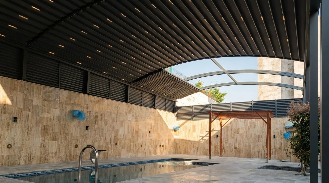 Havuz üstünde kavisli açılır kapanır tente kumaşlı pergola
