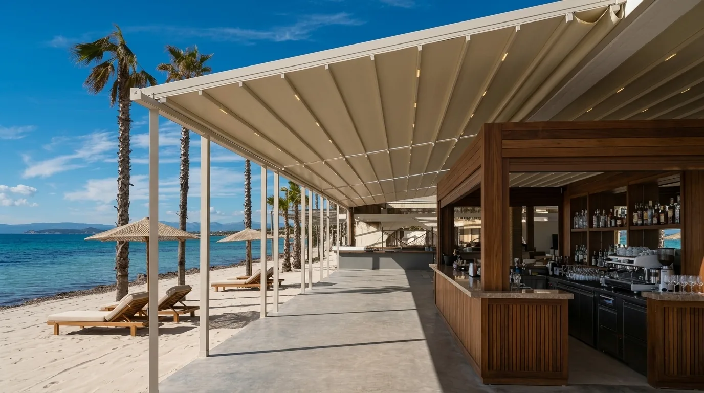 Sahildeki plaj barında geniş açıklıklı açılır pergola