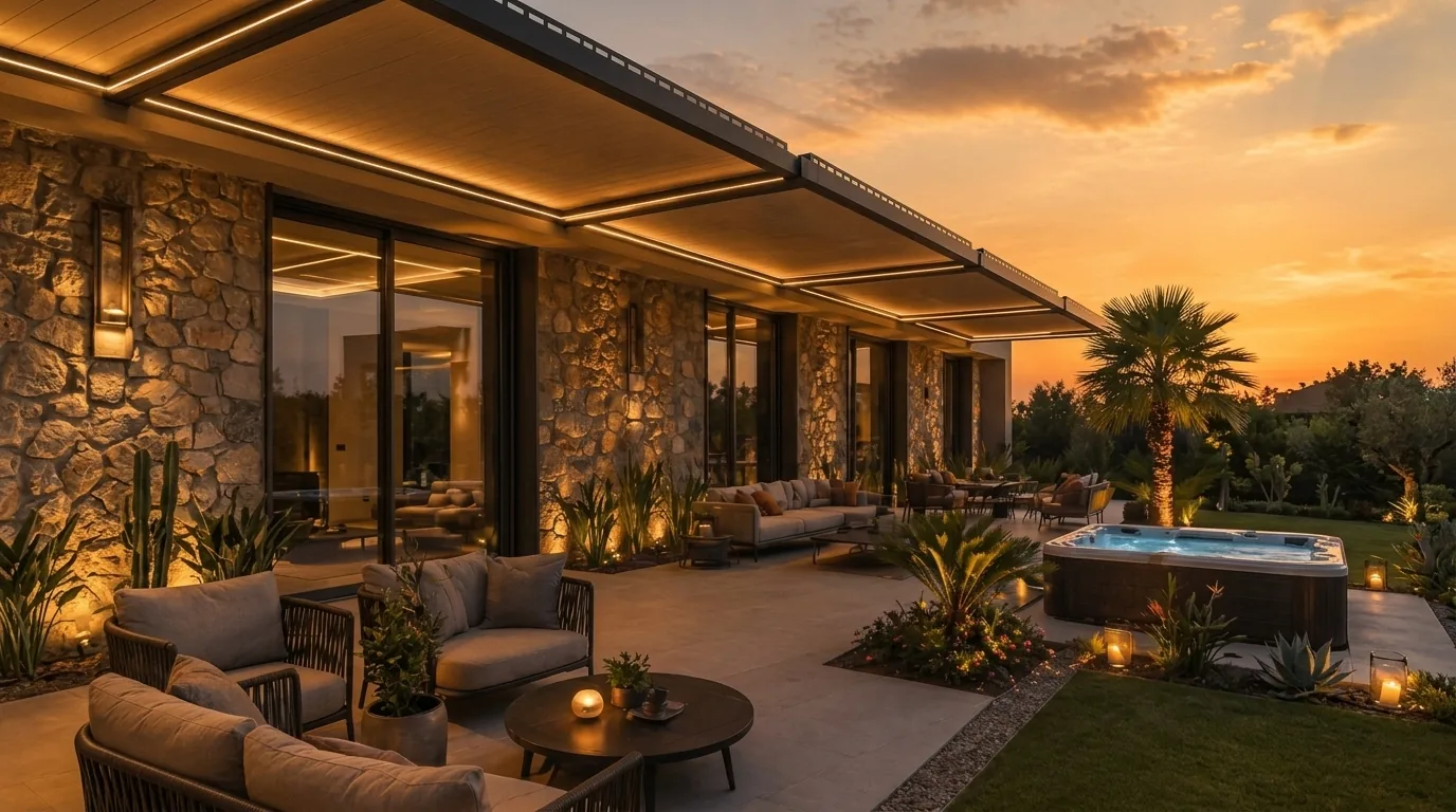 Taş villa terasında gün batımı, jakuzi ve otomatik pergola
