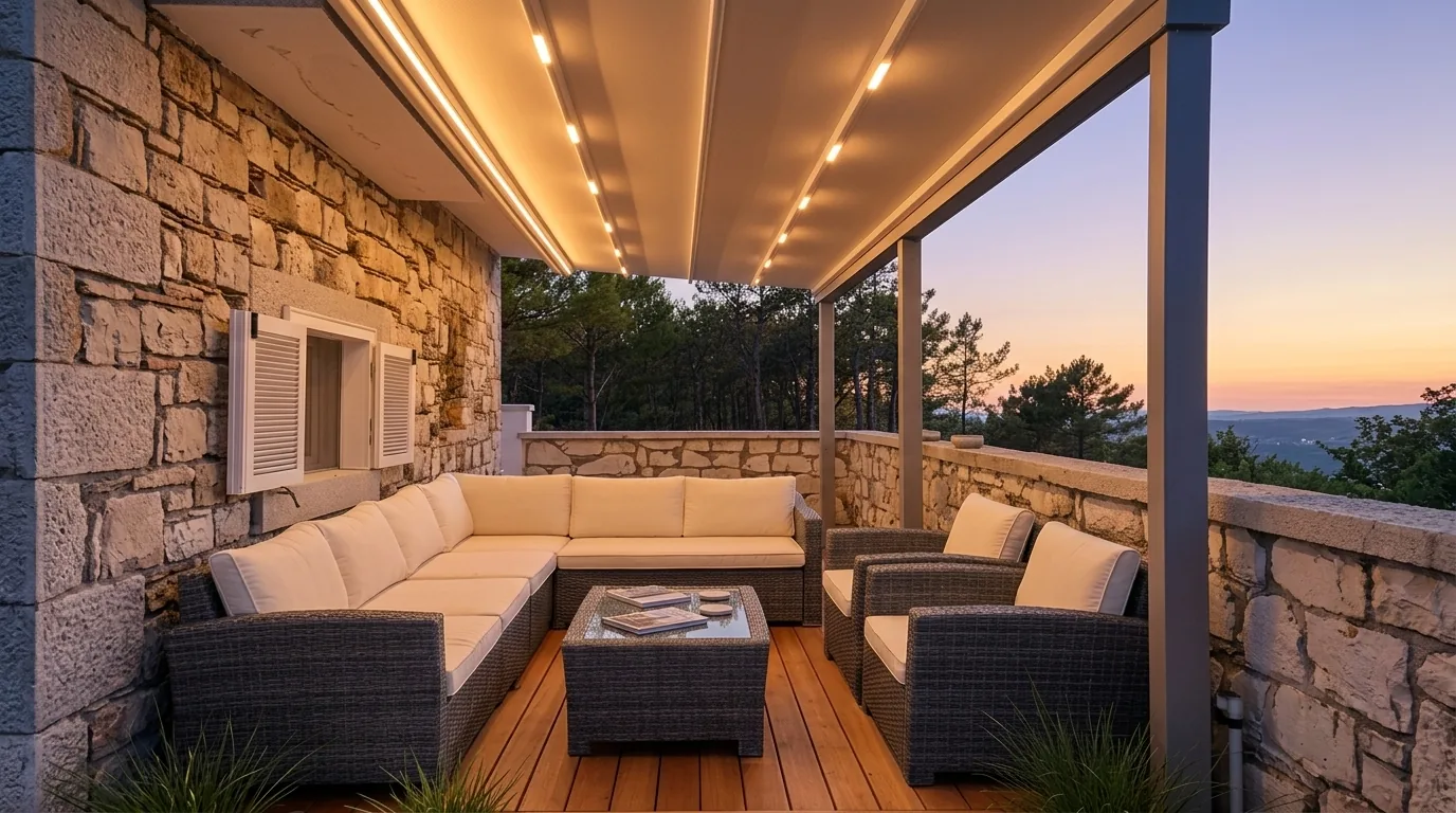 Taş villa terasında LED aydınlatmalı otomatik pergola ve oturma grubu