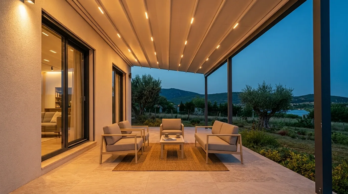 Villa bahçesinde lineer LED aydınlatmalı otomatik pergola verandası