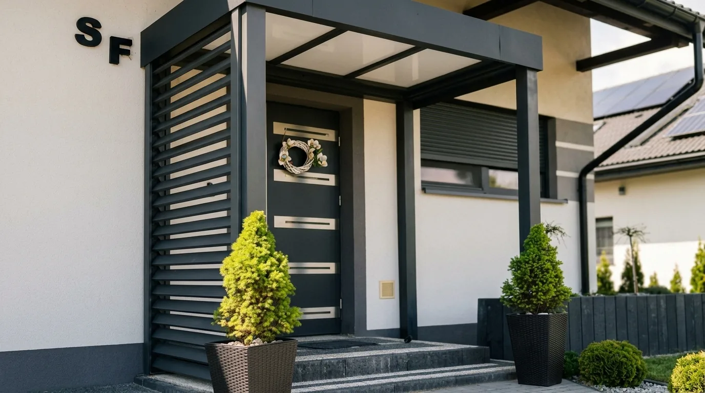 Villa girişinde antrasit alüminyum profilli cam sundurma